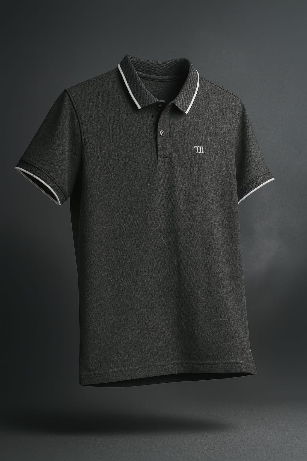 Dark gray polo T-shirt with white tipping on neck and sleeves on a dark gray background