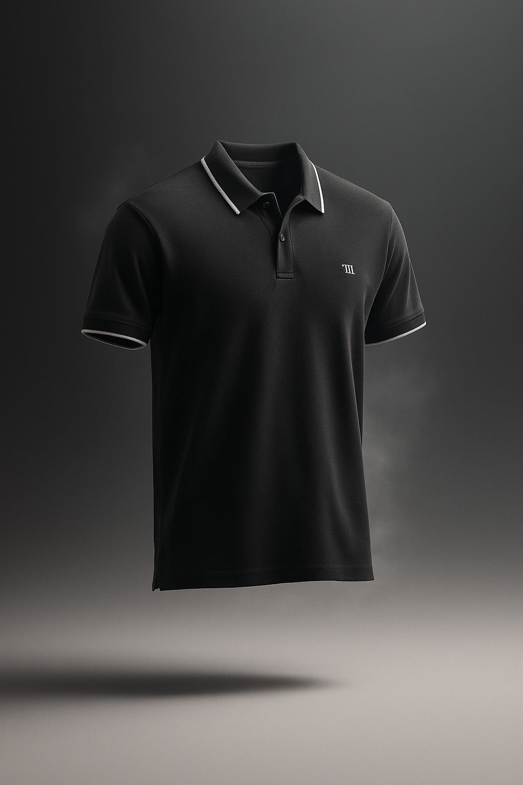 Black polo T-shirt with white tipping on neck and sleeves on a dark gray background
