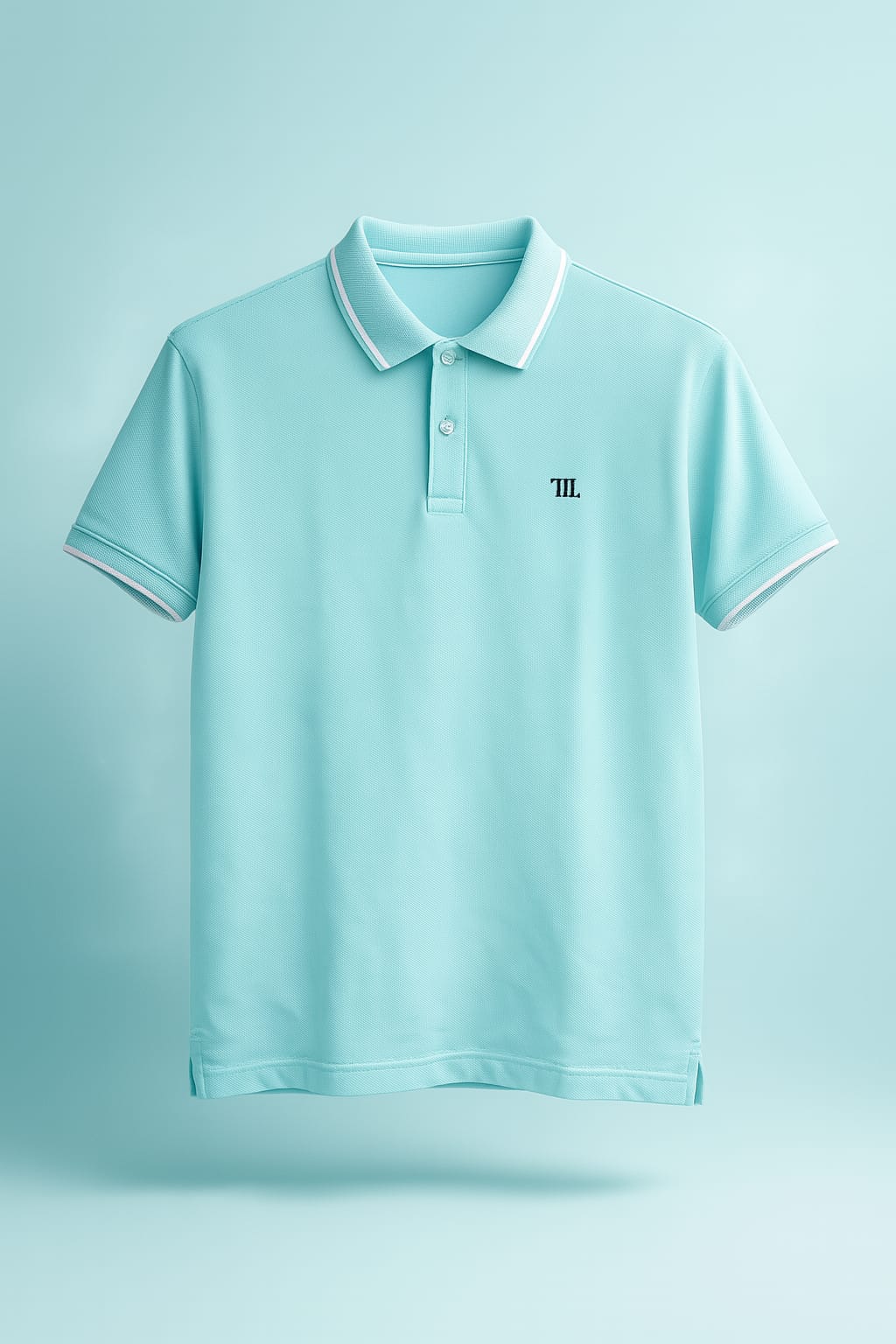 Light blue polo T-shirt with white tipping on neck and sleeves on a light blue background