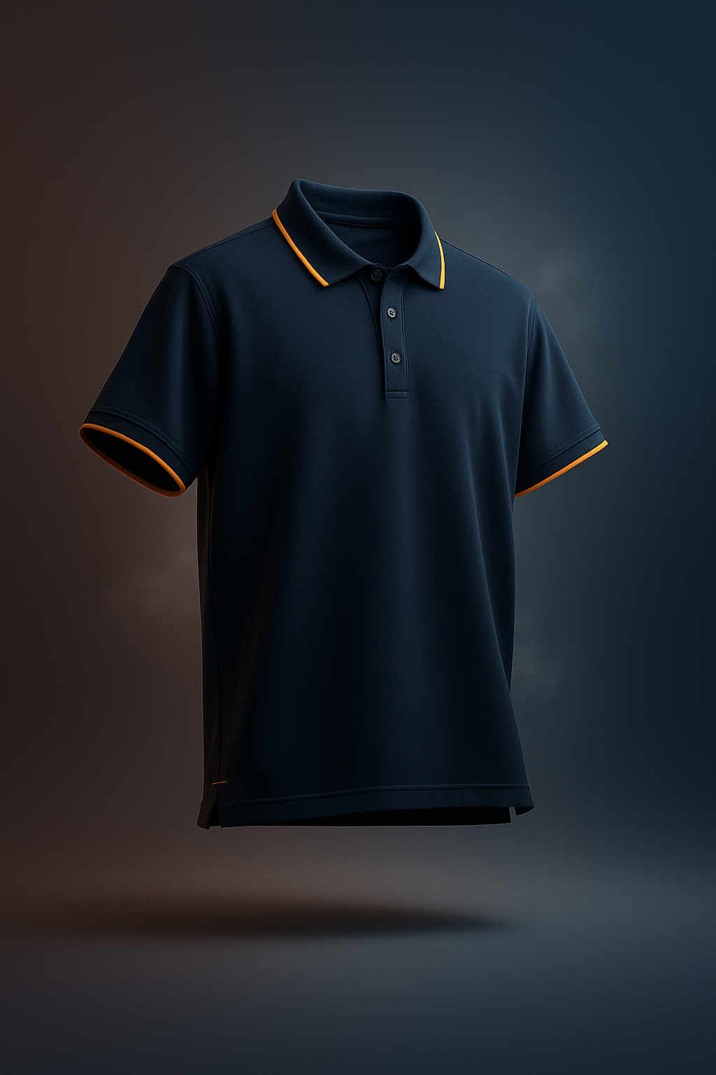 Navy polo T-shirt with orange Tipping on neck and sleeves on a dark background