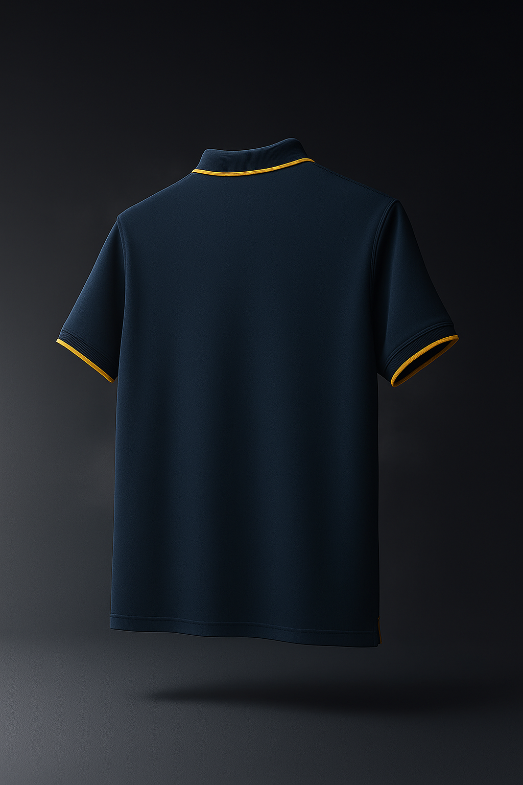 Navy blue polo T-shirt with Orange tipping on dark background