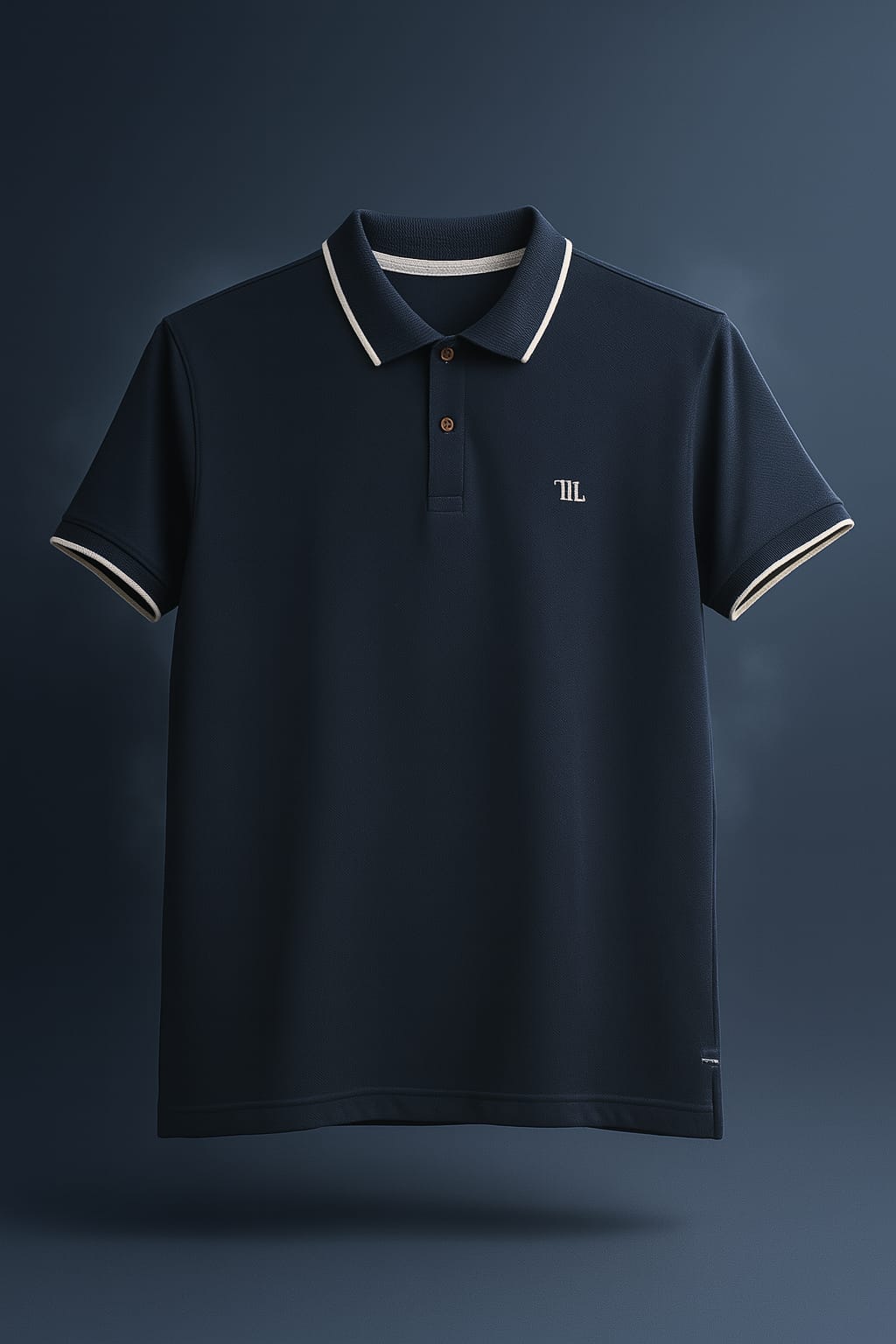 Navy blue polo T-shirt with white tipping on neck and sleeves on a dark gray background