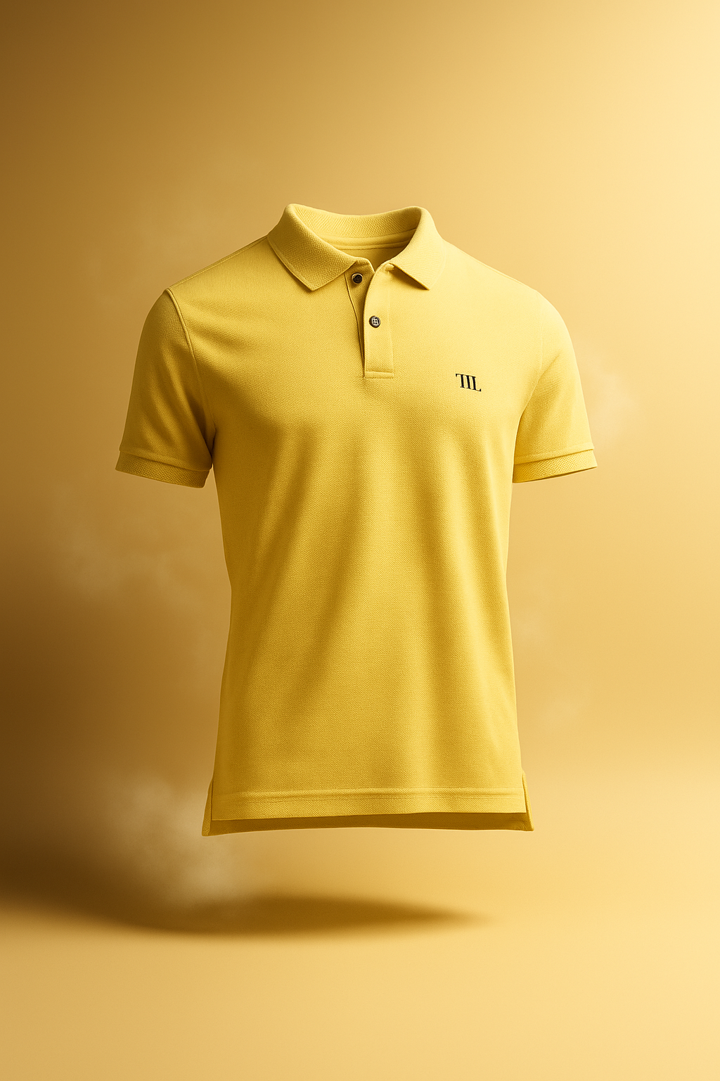 Yellow polo T-shirt with a brand logo on a yellow background